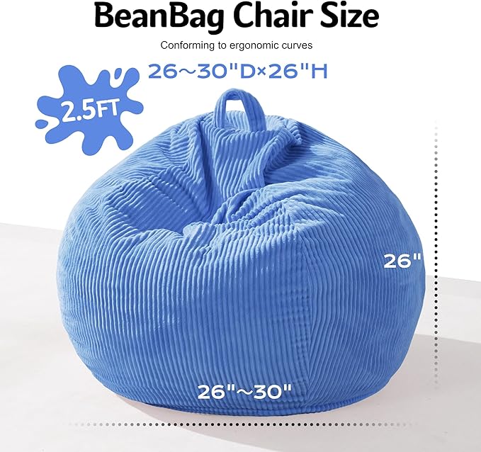 Homguava 2FT Bean Bag Chair,Teardrop Bean Bags Small Beanbag Chair with Memory Foam Filled and Ultra Soft Corduroy Cover for Living Room, Bedroom (Small,Blue)