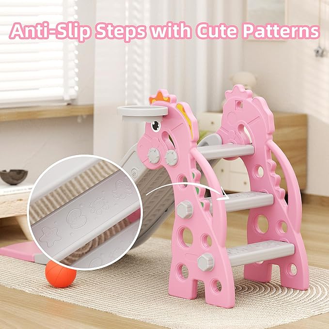 67i Toddler Slide for Indoor & Outdoor Play with Basketball Hoop, Anti-Slip Steps, 46.8in Baby Climber (Pink)