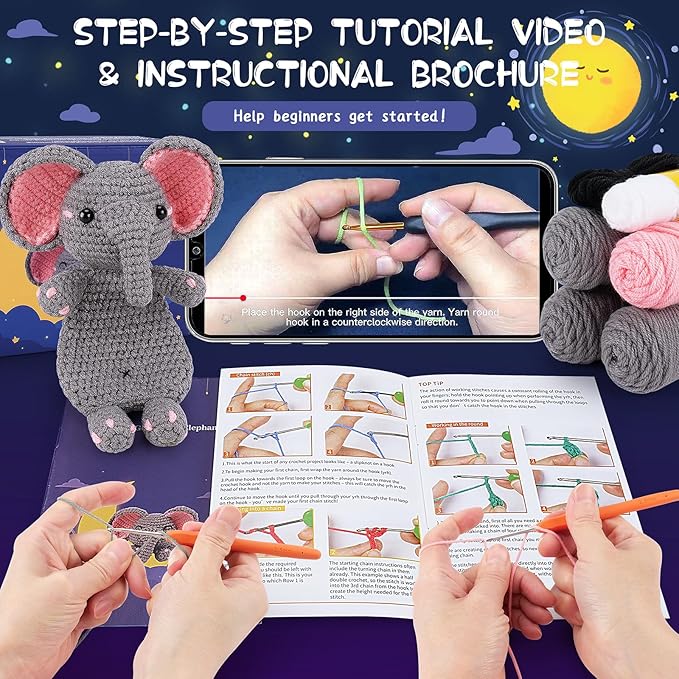 Crochet Kit for Beginners - Elephant Crochet Kits with Step-by-Step Video Tutorials, Beginner Crochet Kit for Adults, Crochet Animal Kit for Kids, Goodnight Elephant Crocheting Set (Grey)