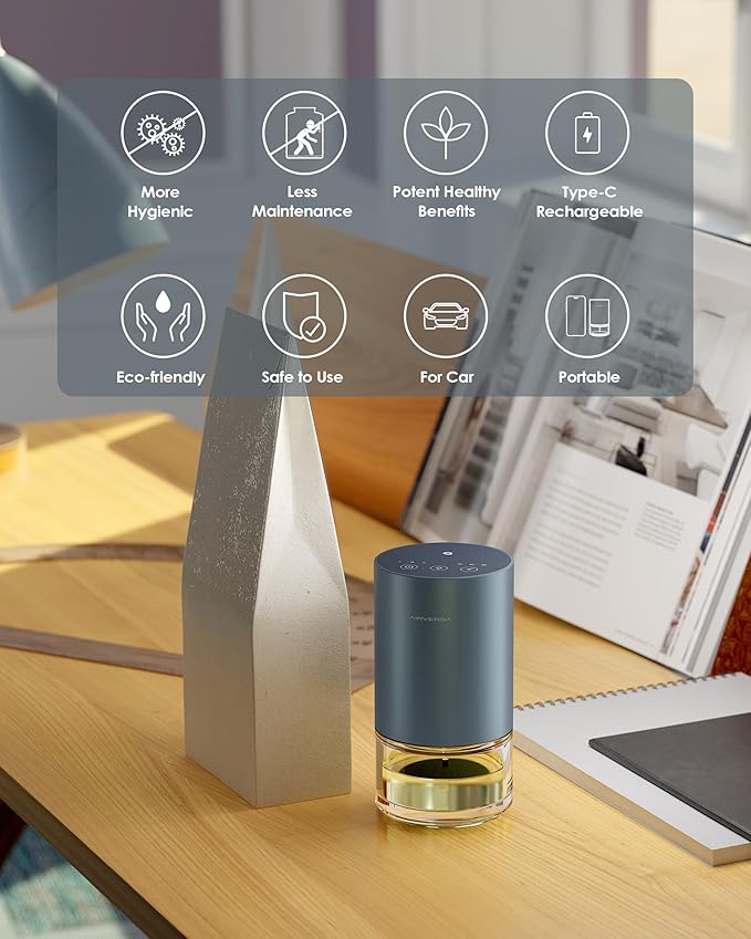 Essential Oil Diffuser Waterless Aromatherapy Diffusers for Home Large Room, Bedroom, Car, Office, Desk, Battery Operated, Small Diffuser for Pure Scent, 100mL Capacity, AN9 (Gray)