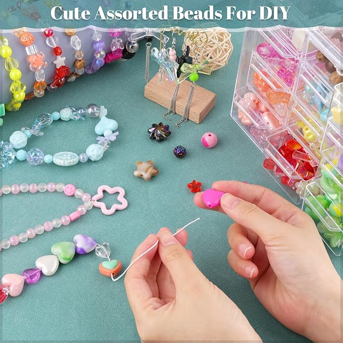 Assorted 180-240PCS Acrylic Beads For Bracelet Making, Flower Bow Butterfly Candy Gummy Bear Kawaii Aesthetic Bracelet Charms,Cute Beads For Jewelry Making DIY Necklace Keychain Phone Charm