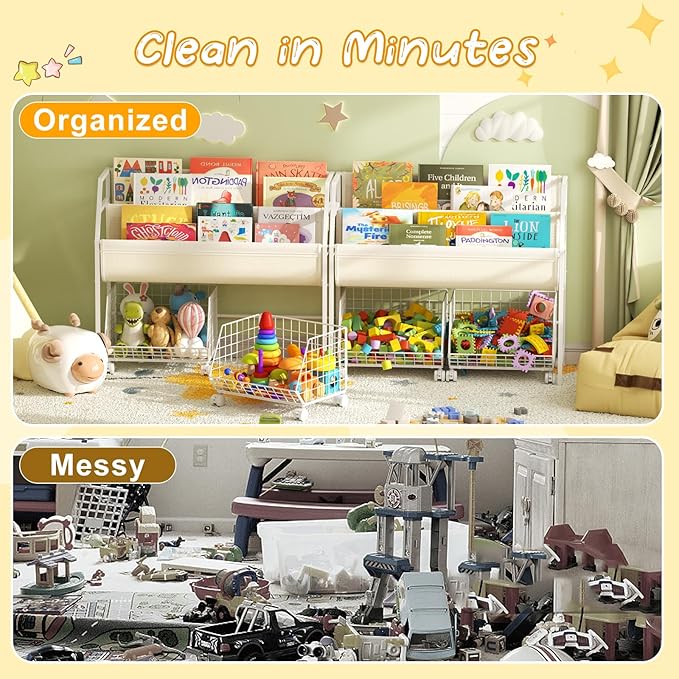 Kids Bookshelf and Toy Storage with 2 Rolling Baskets – Toddler Bookshelf, Montessori Children's Booksheves for Nursery, Small Book Shelf for Kids Rooms, Playroom Organization and Storage