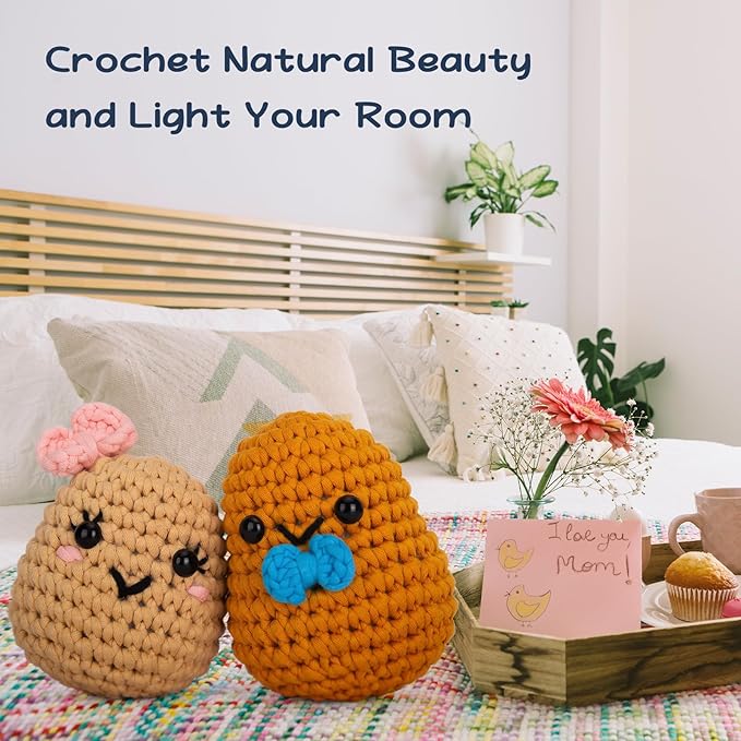 Crochetta Crochet Kit for Beginners, Learn to Crochet Kits for Adults Kids, Jumbo Potato Couple, Includes Yarn, Hooks, Stuffing, Pattern, Video Tutorials