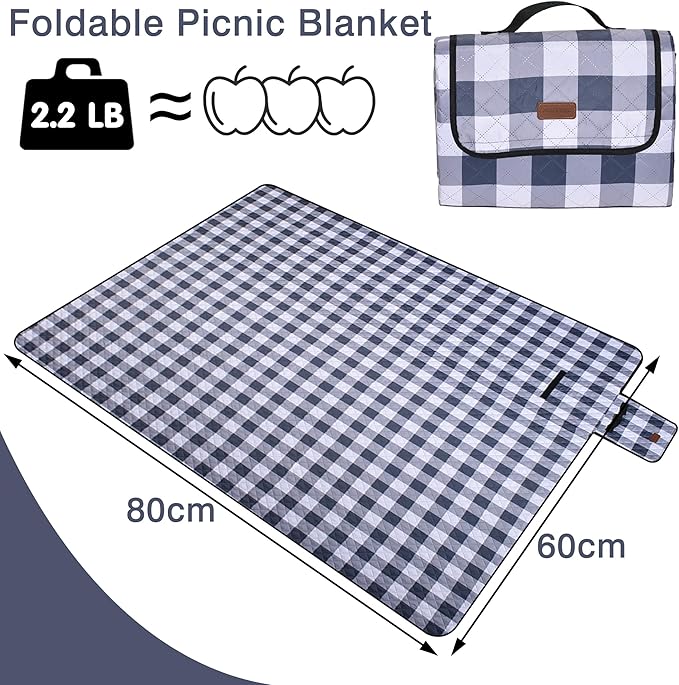 Extra Large Picnic Blanket 80''x 60'' Picnic Mat Waterproof Sand Proof Foldable for Beach, 5-Layer Outdoor Blanket for 6 to 8 Adults,Camping Lawn Hiking Travel Park Music Festival Wedding Mats(Gray)