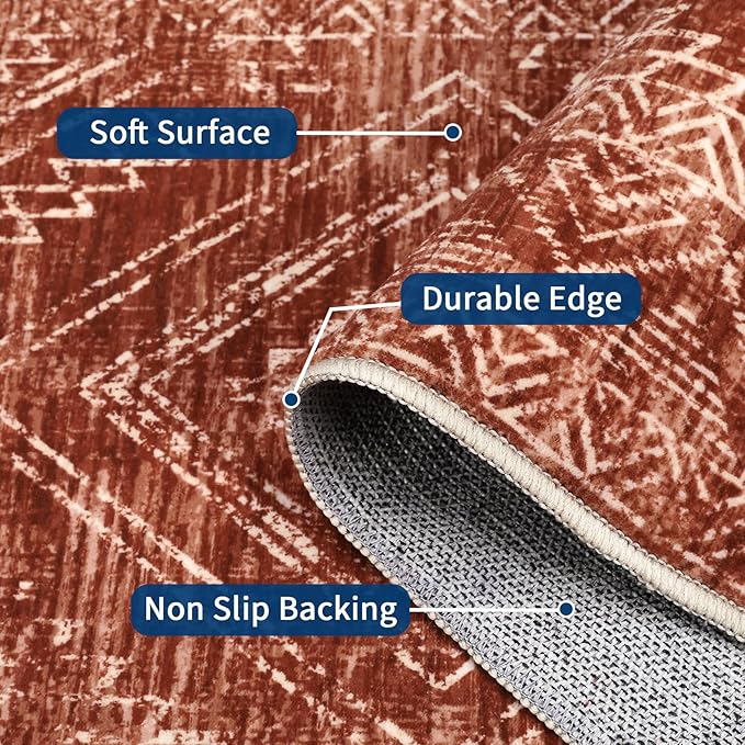 COZYLOOM 4x6 Area Rug Modern Indoor Area Rug Machine-Washable for Living Room or Bedroom Softness Foldable Carpet for Easy Storage Abstract Geometric Design Non Slip Stain Resistant Carpet, Brick Red