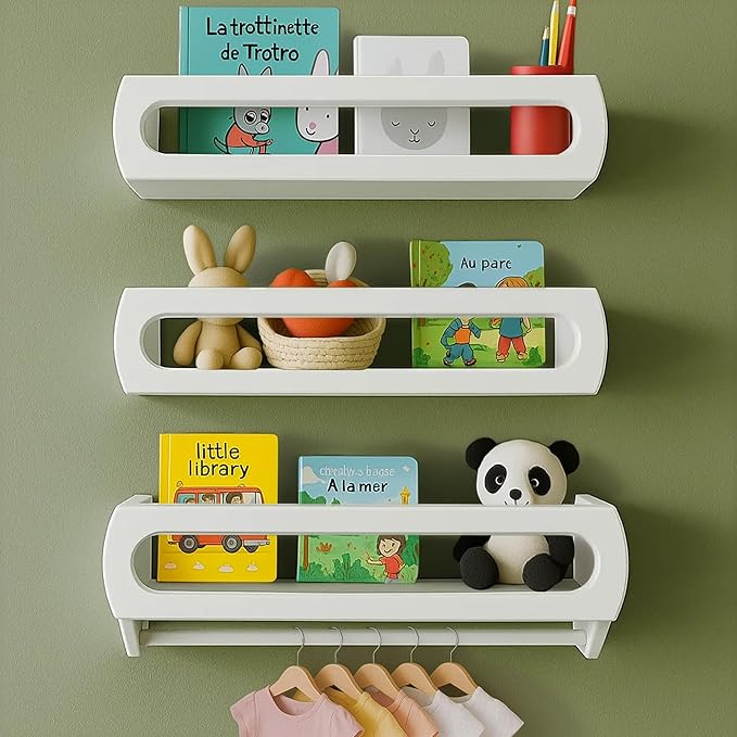Bamboo Nursery Book Shelves, Fully Assembled For Easy Use - Set of 3 Floating Shelves for Wall Kids, Wall Mounted Book Shelves For Kids Room, Baby Room, Toddler Room, Nursery Decor, 16.5 Inch White