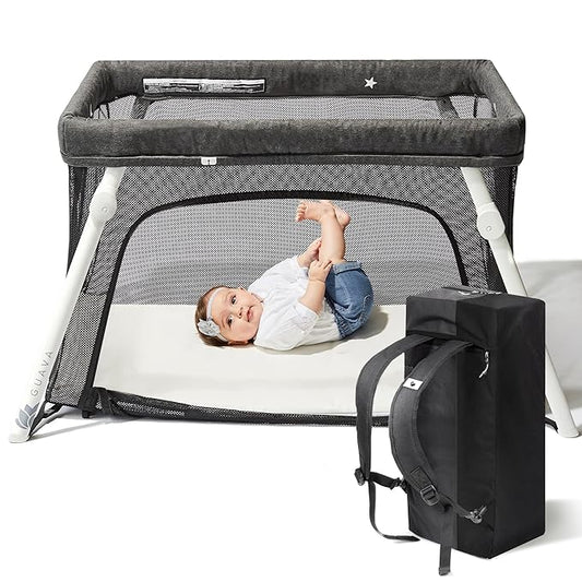 Guava Family Travel Crib includes Lightweight Backpack Design | Certified Baby Safe Portable Crib | Folding Play Yard, Comfy Mattress for Babies, Toddlers | Compact Baby Travel Bed