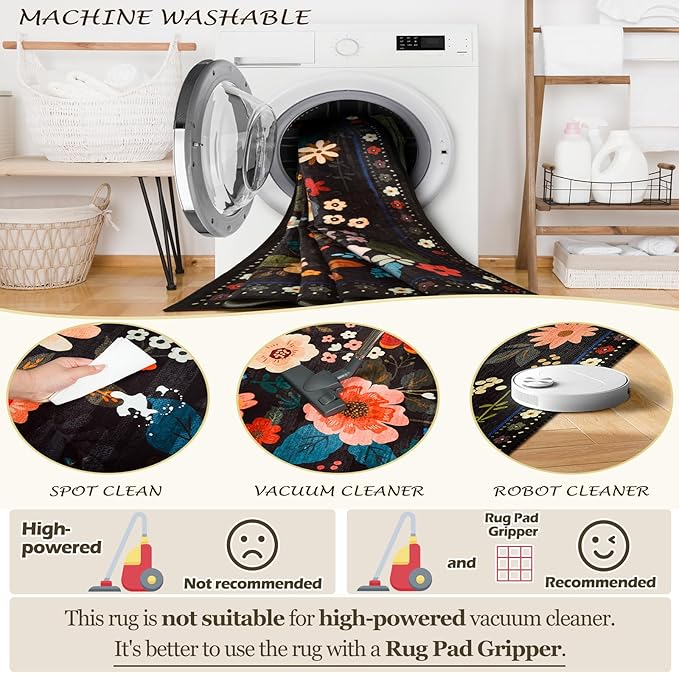 Floral 5x7 Area Rug Machine Washable Soft Print Boho Carpet Non Slip Doormat Low Pile Flower Area Rugs for Living Room Bedroom Nursery Kitchen Dining Room Indoor-Black
