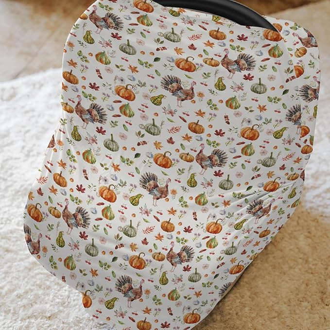 Thanksgiving Turkey Pumpkins Car Seat Covers Vintage Autumn Leaves Stretchy 5-in-1 Cover Adjustable Infant Carseat Cover Canopy Fall Harvest Breathable Nursing Cover-Up