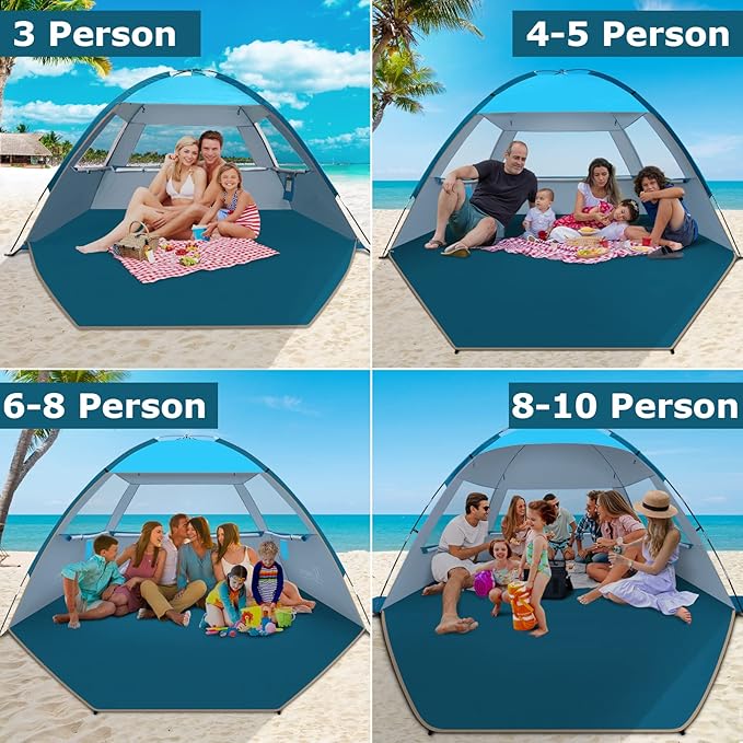 COMMOUDS Beach Tent Sun Shade for 3/4-5/6-7/8-10 Person, UPF 50+ Beach Sun Shelter Canopy Tent, Lightweight, Easy Set Up and Carry