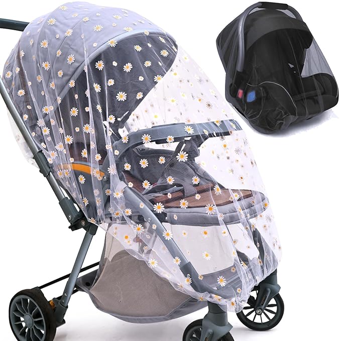 Baby Stroller Mosquito Net (2 Pack) - Durable Mesh Protection for Bassinets, Cradles, Playards, Pack N Plays & Portable Mini Cribs | Breathable Universal Fit Insect Barrier (Black + Daisy)