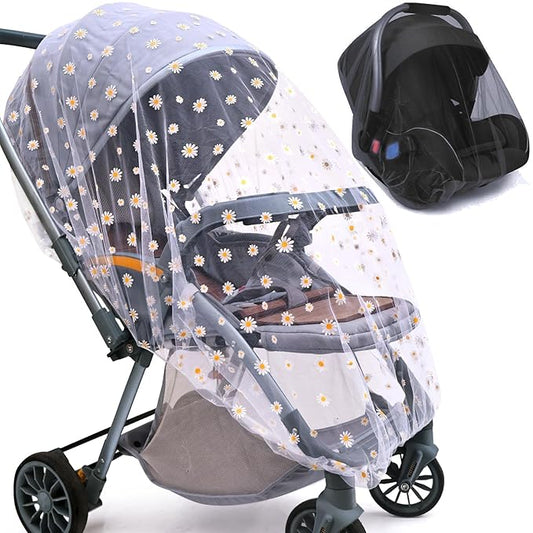 Baby Stroller Mosquito Net (2 Pack) - Durable Mesh Protection for Bassinets, Cradles, Playards, Pack N Plays & Portable Mini Cribs | Breathable Universal Fit Insect Barrier (Black + Daisy)