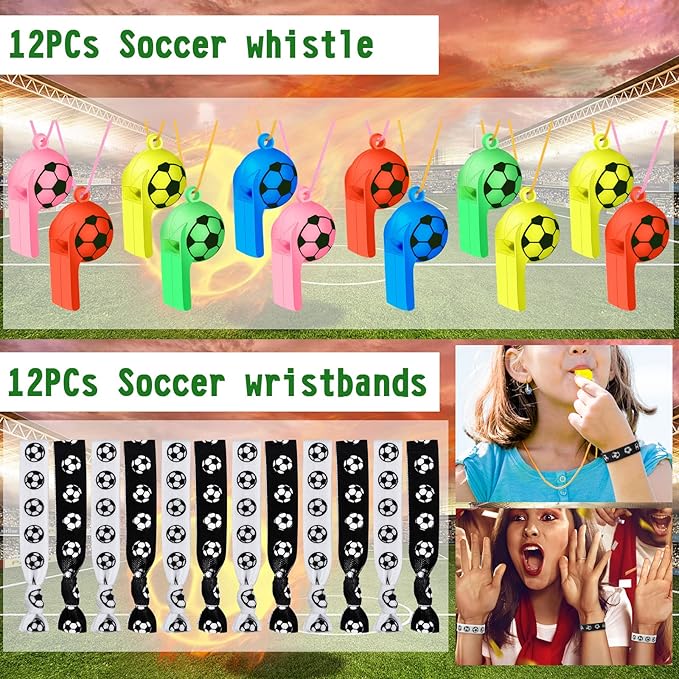 158Pcs Soccer Party Favors - Bags, Whistles, Balls, Slap Bracelets, Keychains, Stickers, Tattoos for Party Goodie Bags