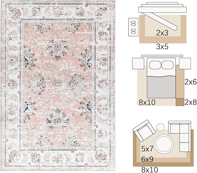 jinchan Vintage Floral 5x7 Area Rugs for Bedroom - Machine Washable Distressed Design Stain Resistant Boho Carpet Ultra-Thin Low Pile Non-Slip for Living Room Dining Room Kitchen (5‘x7',Pink)