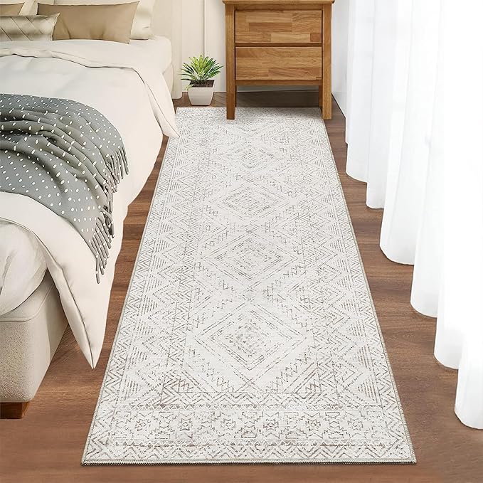 COZYLOOM Runner Rug 2x8 Living Room Washable Rugs Stain Resistant for Bedroom Soft Floor Carpet Non Slip Distressed Geometric Carpet for Dining Room Laundry Room Office, Ivory
