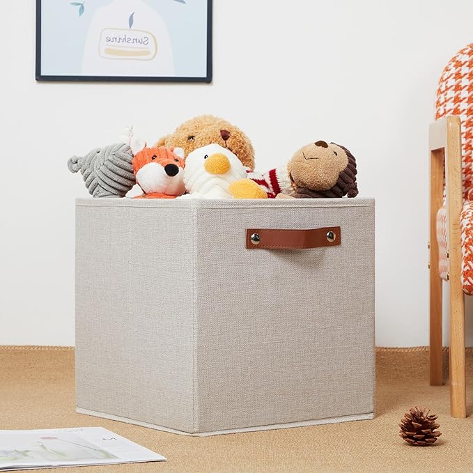 HNZIGE Fabric Storage Cubes Set of 4,12 x 12 Storage Baskets,Cloth Storage Bins for Organizing with Handles,Closet Baskets for Organizing Home Nursery(Gream)