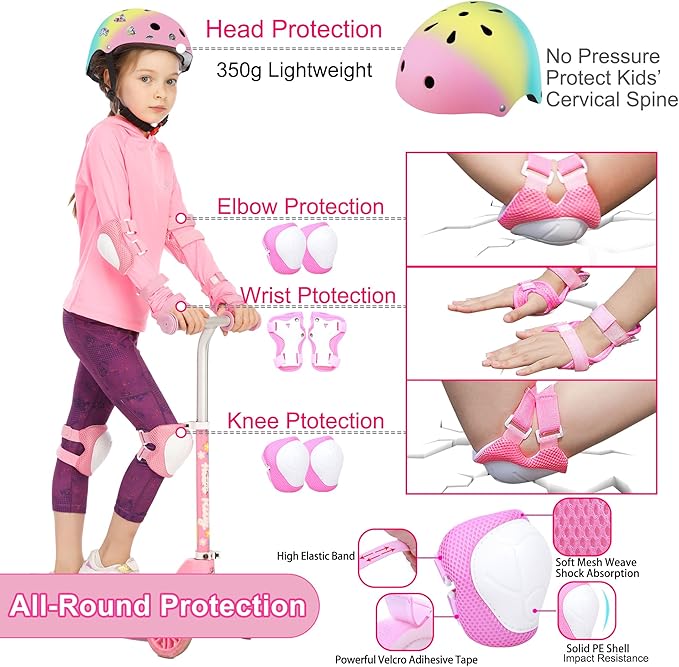 Kids Bike Helmet with DIY Stickers and Knee Pads Elbow Pads Wrist Guard Set for Ages 3-8-14 Toddler Boys Girls Helmet for Roller Skates Cycling Skateboarding Bicycle Scooter
