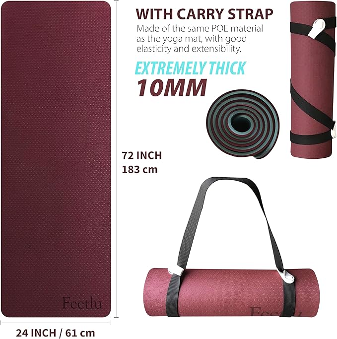Extra Thick Exercise Yoga Mat with Strap - 2/5 Inch (10MM), Non-Slip Workout Mat for Yoga, Pilates, and Floor Exercises