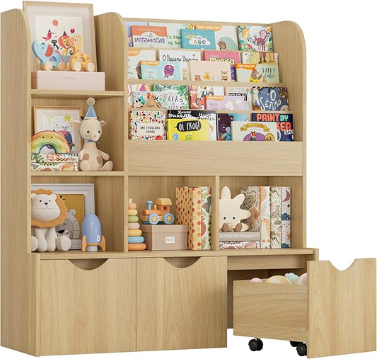 FOTOSOK 47'' Kids Bookshelf with Toy Storage, Multifunctional Bookcase with 5 Storage Cubbies and 3 Movable Drawers, Toy Storager Display Stand, Toy Organizer and Storage for Playroom,Bedroom, Natural
