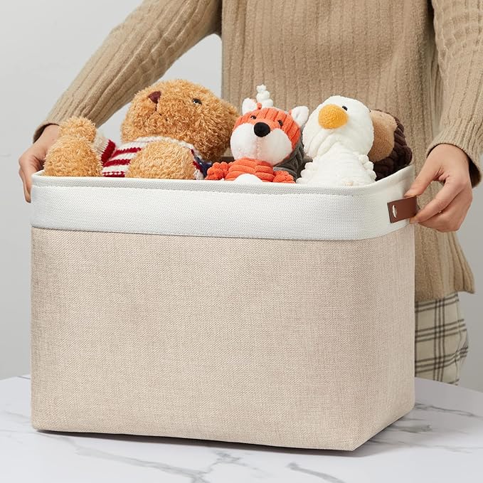 DULLEMELO 2-Pack Large Storage Baskets for Organizing 16"x12"x12" Canvas Fabric Storage Basket Bins With Leather Handles for Shelf Clothes Empty Gift Basket (White&Khaki)