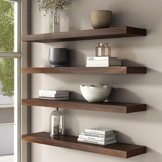 Floating Shelves for Wall, USA-Sourced Walnut Wood 48 Inch Long Wall Shelves, Natural Wooden Wall Mounted Picture Ledge Shelf, Nursery Book Storage Shelf Kids Bookshelf, Display Shelf for Bathroom