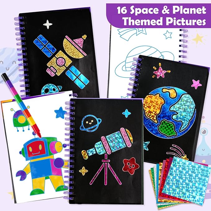 FUNNYB&G Foil Art Craft Activity for Kids - Gift for Boys Crafts for Kids Fun Art Supplies DIY Creative Travel Toy, Birthday Gift Party Favor Toys for Girls Boys 4 5 6 7 8 9 Years Old (Space)