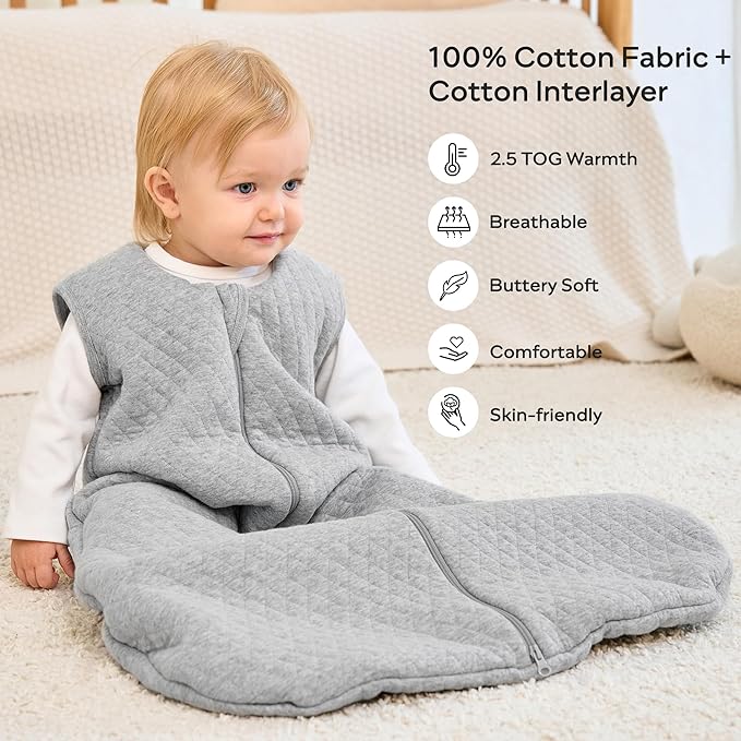 JELLYMONI Baby Sleep Sack TOG 2.5, 0-6 Months Winter Baby Wearable Blanket, 100% Cotton Infant Sleeping Sack 2-Way Zipper Warm Quilted Sleepsack