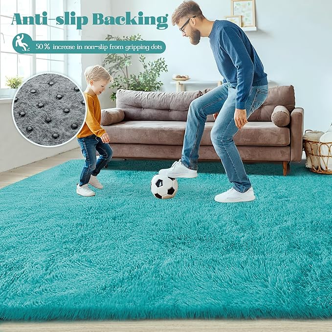 6x9 Area Rug for Living Room: Fluffy Shag Soft Washable Rugs Large Fuzzy Plush Indoor Carpet for Bedroom Nursery Playroom Kids Girls Boys Room (Teal Blue, 6'x9')