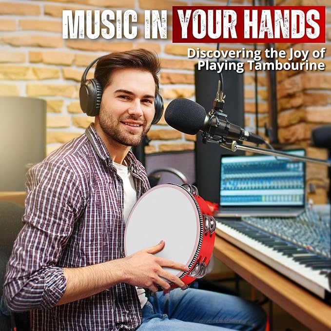 Flexzion Wood Handheld Tambourine Adults 8-Inch Double Row 8-Pair Jingles (Red) - Percussion Round Tamborines Musical Instrument with Metal Zills