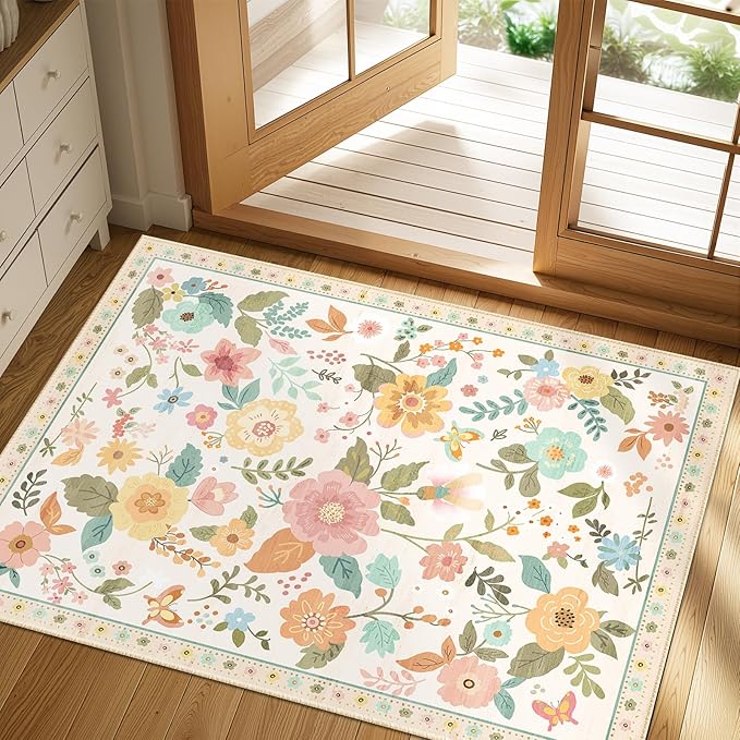 Floral 2x3 Area Rug Machine Washable Soft Print Boho Carpet Non Slip Doormat Low Pile Flower Area Rugs for Living Room Bedroom Nursery Kitchen Dining Room Indoor-Beige/White/Orange