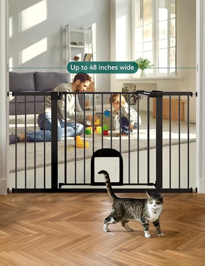 Babelio 36.5-57" Extra Wide Baby Gate with Cat Door,Auto Close&Two Way Swing,Pressure Mounted Dog Gates for Stairs,Doorways,Includes 4 Wall Cups and 3 Extension Pieces,Black