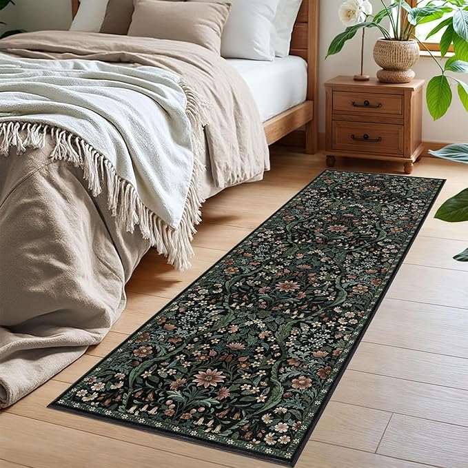 2x6 Washable Runner Rug,Black Floral Boho Area Rug for Hallway,Low-Pile Non-Slip Stain Resistant Carpet for Kitchen, Bedside,Laundry Room,Entryway