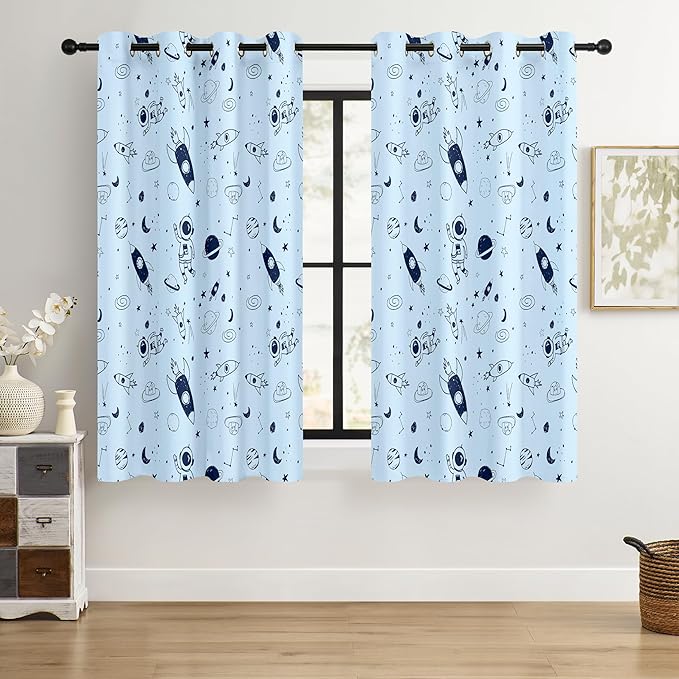 Kids Space Rocket and Astronaut Blackout Curtains - 100% Blackout, Thermal Insulated, Noise Reducing, Perfect for Kids Room and Nursery, 2 Panels (Sky-Blue Space Doodles, W52×L63)