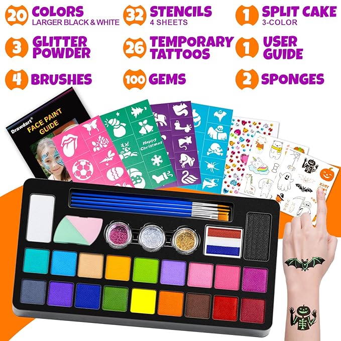 Face Painting Kit for Kids - 20 Colors Water Based Non-Toxic Paint With Stencils & Brushes - Professional Body Makeup Kit for Parties, Birthdays, Halloween