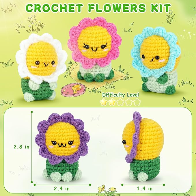 Crochet Kit for Beginners - 4PCS Flowers Complete Crochet Starter Kit with Step-by-Step Video Tutorials, Beginner Crochet Kits for Adults Kids Women, Flower Family Crocheting Set