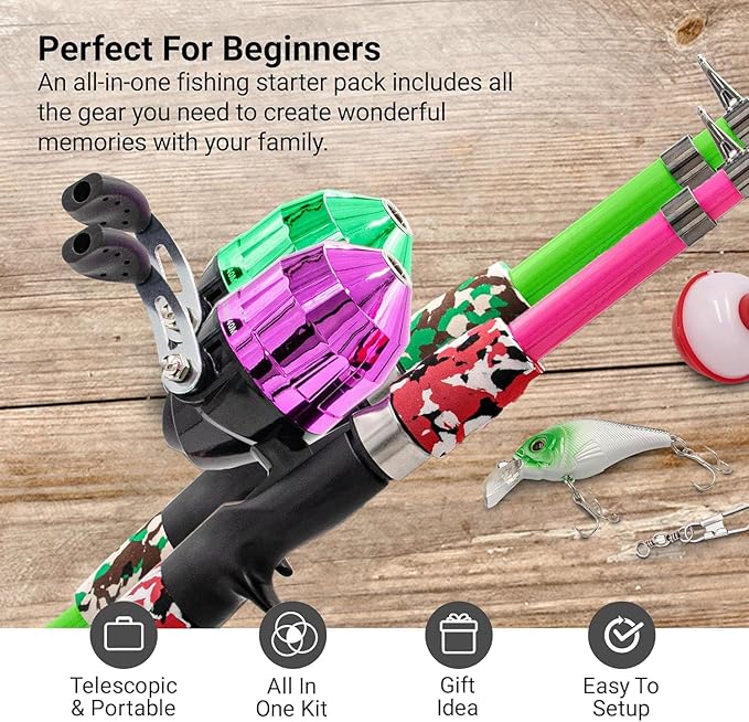 Kids Fishing Pole, Kids Portable Telescopic Fishing Rod Set, Tackle Box and Fishing Net Combo Kit, Kids Fishing Gear for Boys and Girls Age 5-10 and Youth