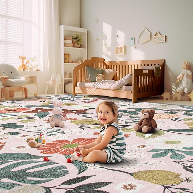 9x12 Area Rug for Living Room: Vintage Floral Washable Rug Soft Boho Non Slip Carpet Large Indoor Floor Non Shedding Low Pile Thin Carpets for Bedroom Dining Room Farmhouse Nursery Home Light Pink