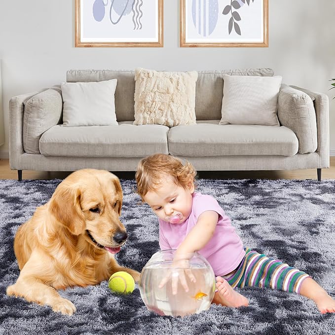 Fluffy Shag Area Rug, 4x6 Tie-Dyed Dark Grey Rugs for Bedroom, Soft Plush Area Rugs for Living Room, Non-Slip Indoor Carpet for Nursery, Study Room, Dressing Room, Home Decor