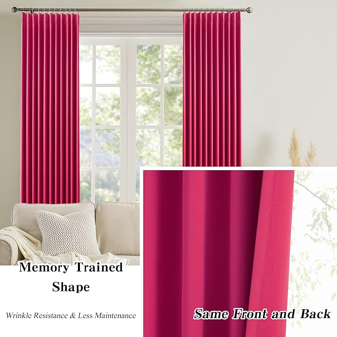 Custom Pleated Curtains Hot Pink Color, Heat Blocking Window Treatment for Bedroom Vertical Draft Blackout Magenta Drapes for Living Room 40 Wide by 90 Inch Long, 2 Panels, Hot Pink, Pinch Pleat