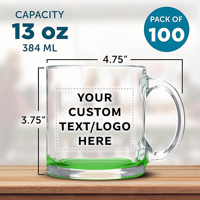 Custom Libbey Clear Glass Coffee Mugs 13 oz. Set of 100, Personalized Bulk Pack - Perfect for Coffee, Tea, Espresso, Hot Cocoa, Other Beverages - Green Bottom