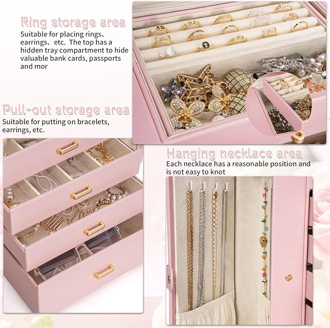 AKOZLIN 6-Tier Jewelry Box Organizer Functional Leather Jewelry Storage Case for Women Girls Ring Necklace Earring Bracelet Holder Organizer with Mirror