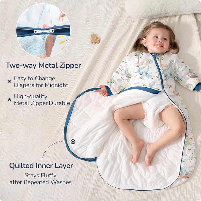 Baby Sleep Sack 3-6 Months, Cotton Detachable Long Sleeve Sleep Sack, 2.5 Tog Toddler Sleeping Sack with Temperature Strips, 2-Way Zipper Wearable Blankets for Newborns, Dinosaur