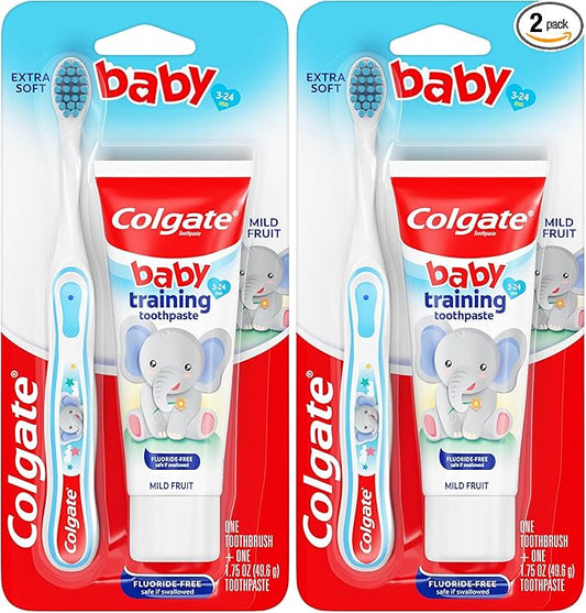 Colgate Baby Training Toothpaste and Toothbrush Kit, Mild Fruit Flavor Set for Ages 3-24 Months (Pack of 2)