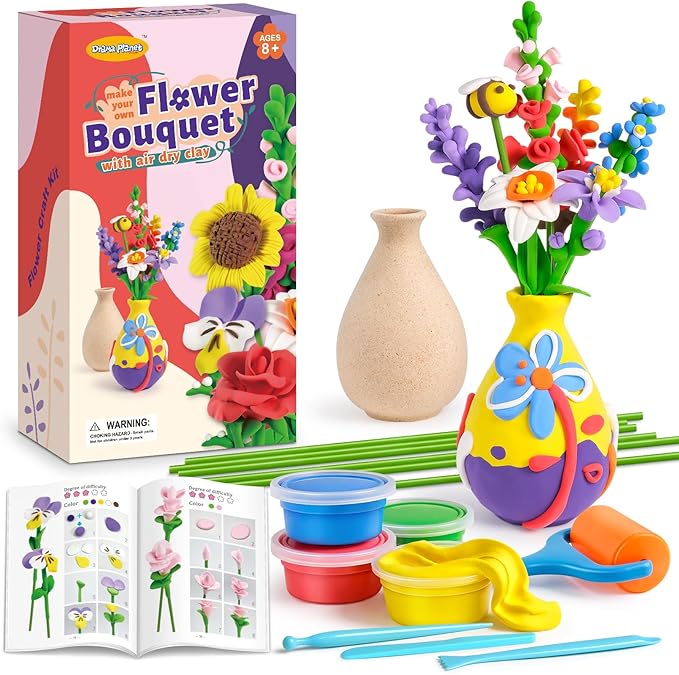 Drama Planet Flower Craft Kit for Kids, Make Your Own Flower Bouquet with Air Dry Clay, Arrange Clay Flowers & Create Personalized Art, Great Gifts for Girls