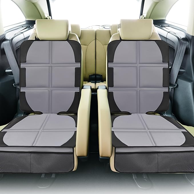 Car Seat Protector, 2 Pack Baby CarSeat Covers with Mesh Pockets & Non-Slip Backing 600D Durable Seat Protectors Under Car Seat for Baby(Gray, Large)