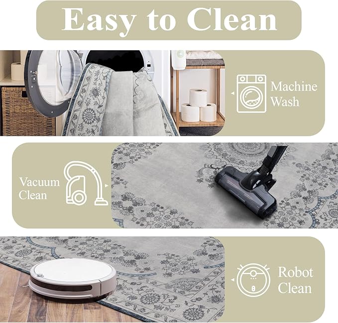 4x6 Washable Area Rug for Living Room, Carpet for Bedroom, Soft Faux Wool Retro Dining Room Rug, Non Slip&Non-Shedding Resistant Low Pile Vintage Print Rug for Home Office (Grey/Blue)