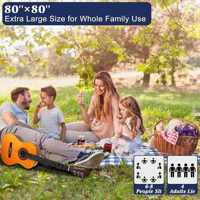 HX&OD Outdoor Picnic Blanket, Extra Large, 80''x80'' Waterproof Foldable Blankets Gingham Picnic Mat for Beach, Camping Grass Lawn Park Accessories Cute Couple Ideas Wedding (Blue, 80”x80”)