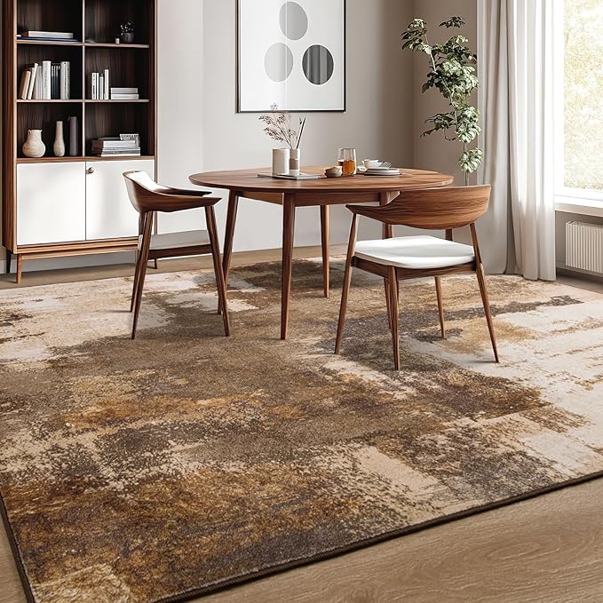 Kelarea Living Room Rug, 8x10 Rug Modern Abstract Washable Rugs Brown Faux Wool Vintage Carpet, Non Slip Rugs for Bedroom, Dining Room, College Dorm, Kids Playroom, Home Office