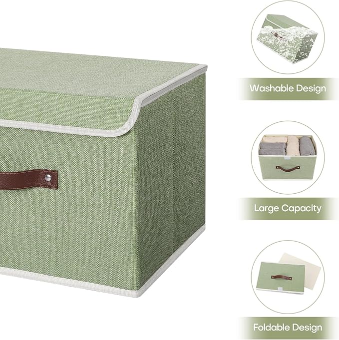 ANMINY Storage Bin with Lid Storage Boxes with PU Leather Handles PP Plastic Board Decorative Foldable Lidded Cotton Linen Fabric Home Cubes Baskets Closet Organizer Container - Green, Large Size