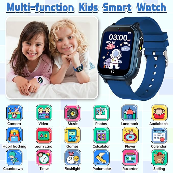 Kids Smart Watch Gift for Boys Ages 3-12, IP67 Waterproof, 32 Puzzle Games, HD Touchscreen Dual Camera Vedio Pedometer Music Player, Kids Watch Toy Birthday Gifts for Boys Ages 5 6 7 8 9 10 (Blue)